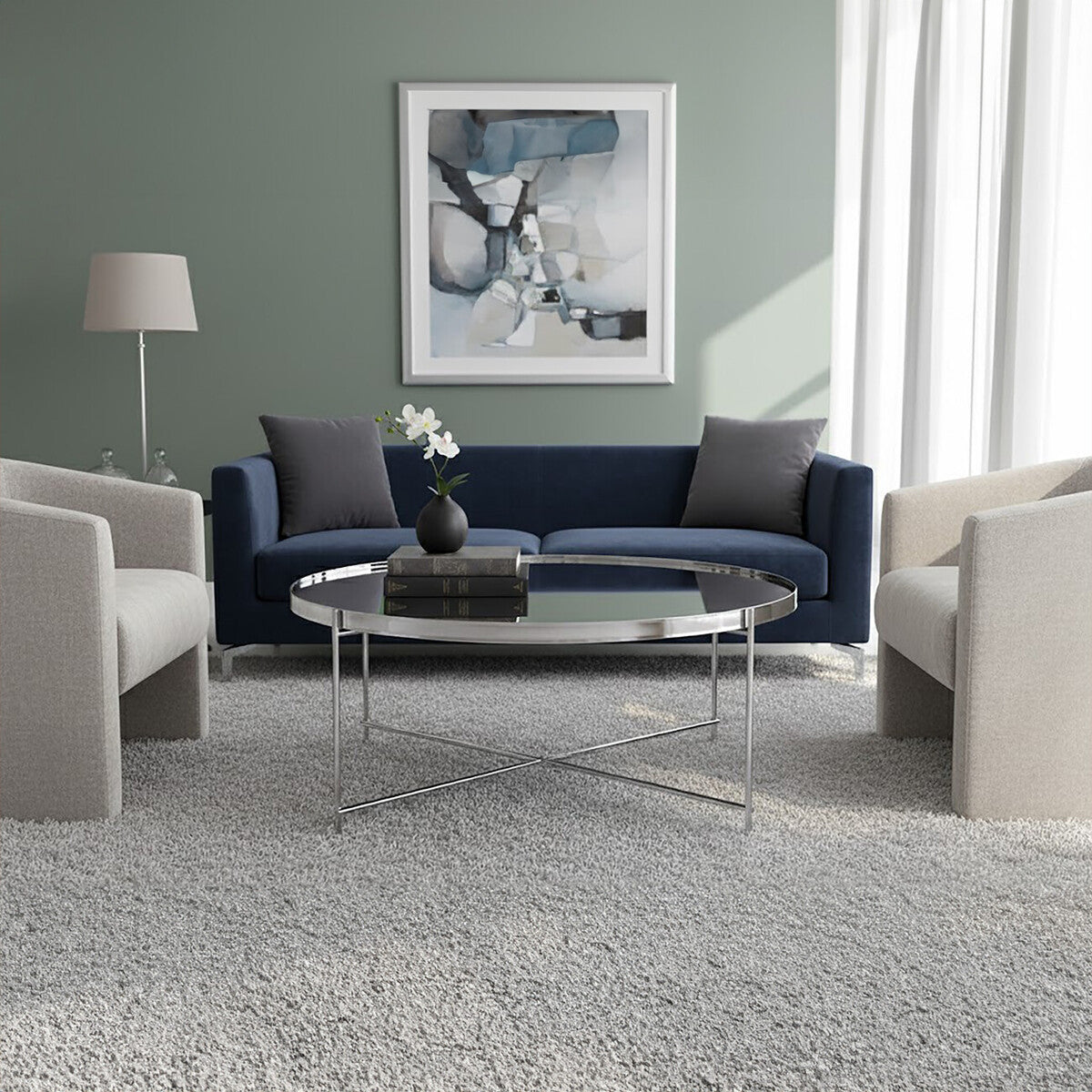 Allure Chrome Finish Mirrored Glass Round Coffee Table with Cross Base