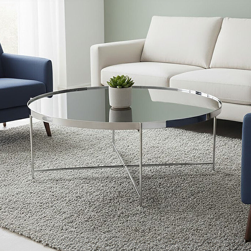Allure Chrome Finish Mirrored Glass Round Coffee Table with Cross Base