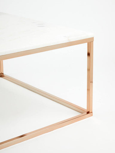 Allure White Marble Square Coffee Table with Rose Gold Finish Base