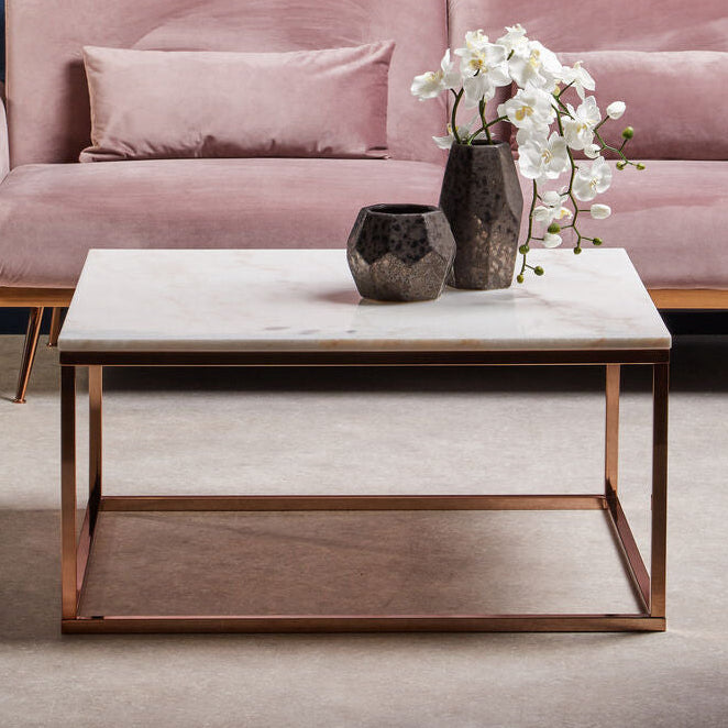 Allure White Marble Square Coffee Table with Rose Gold Finish Base