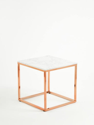 Allure White Marble Square Side Table with Rose Gold Finish Base