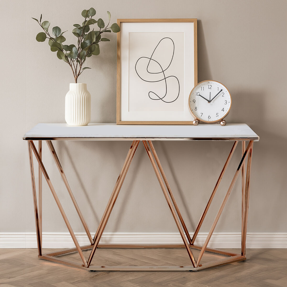 Allure White Marble Rectangular Console Table with Champagne Finish Base