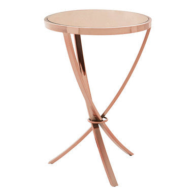Allure Pink Mirrored Glass Round Side Table with Rose Gold Finish Base