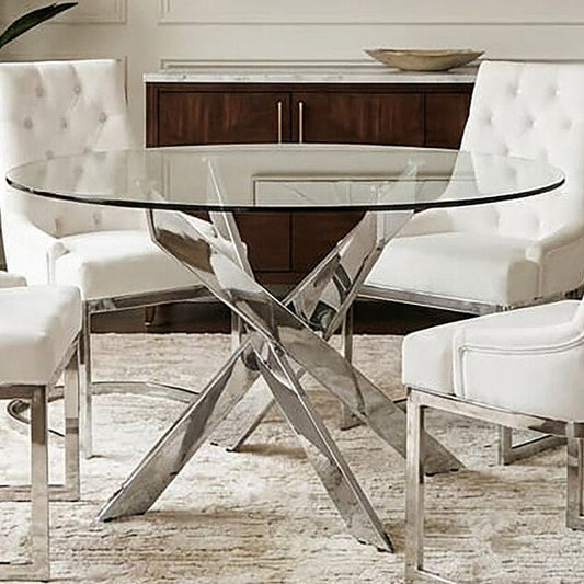 Chrome Finish Round Dining Table with Clear Glass Top 130cm