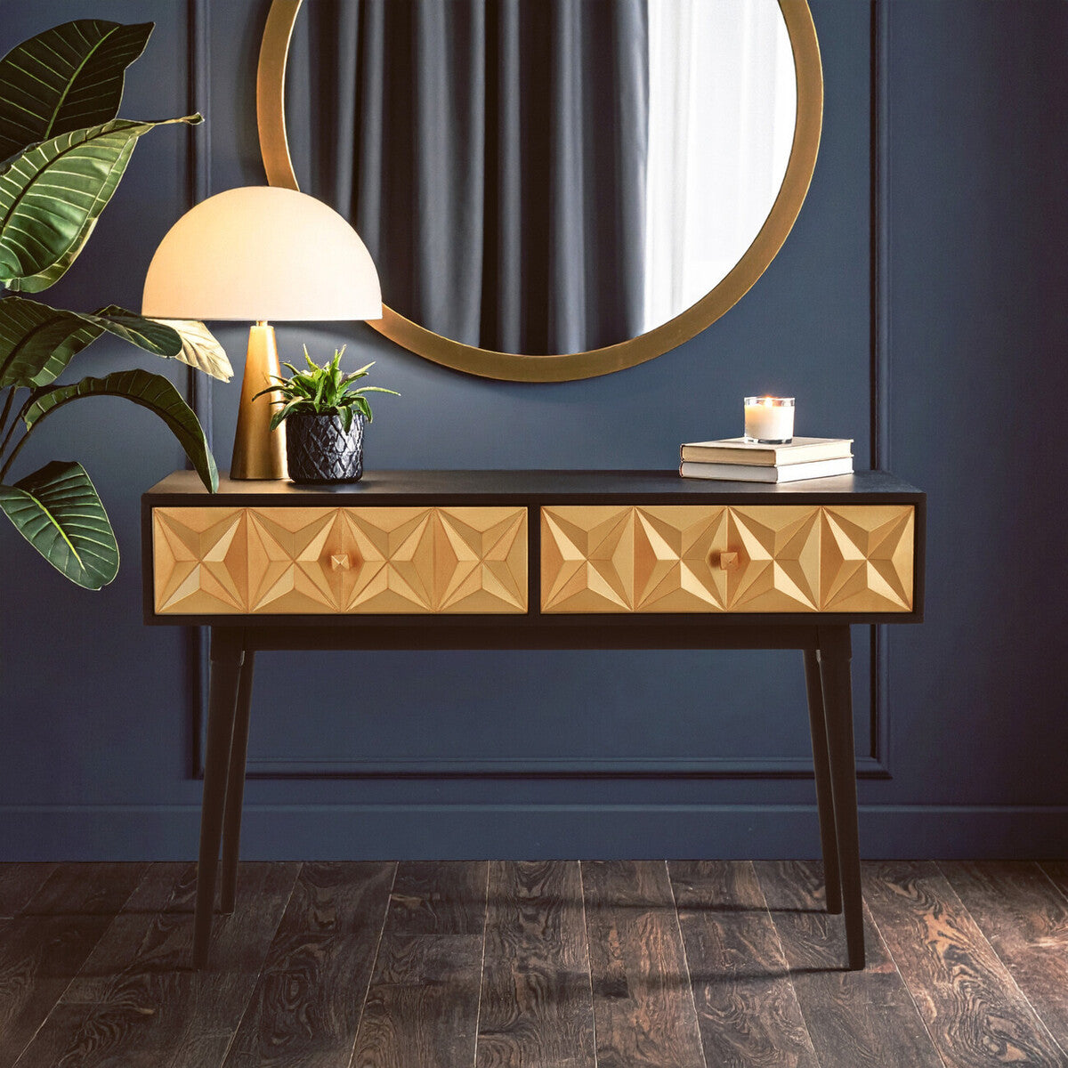Black and Gold Mango Wood Console Table with Geometric Accents | Malta