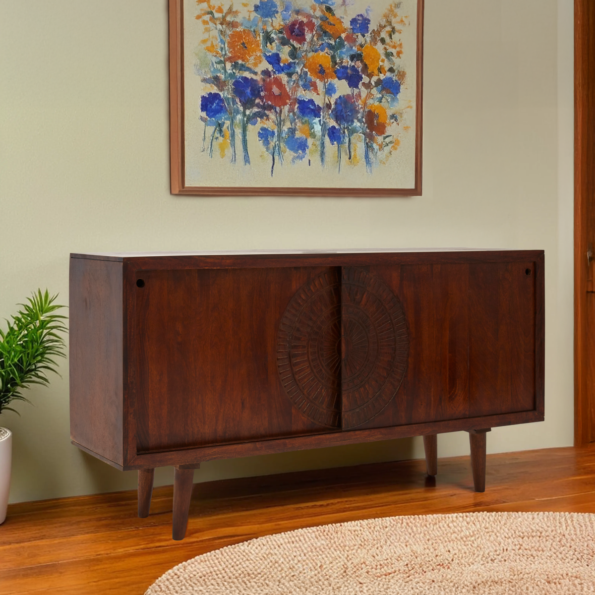 Vence Natural Mango Wood Sideboard with Sliding Doors