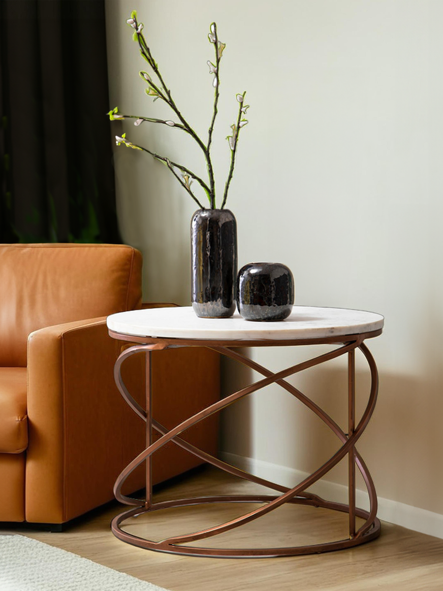 Nirav White Marble Round Coffee Table with Brass Finish Base
