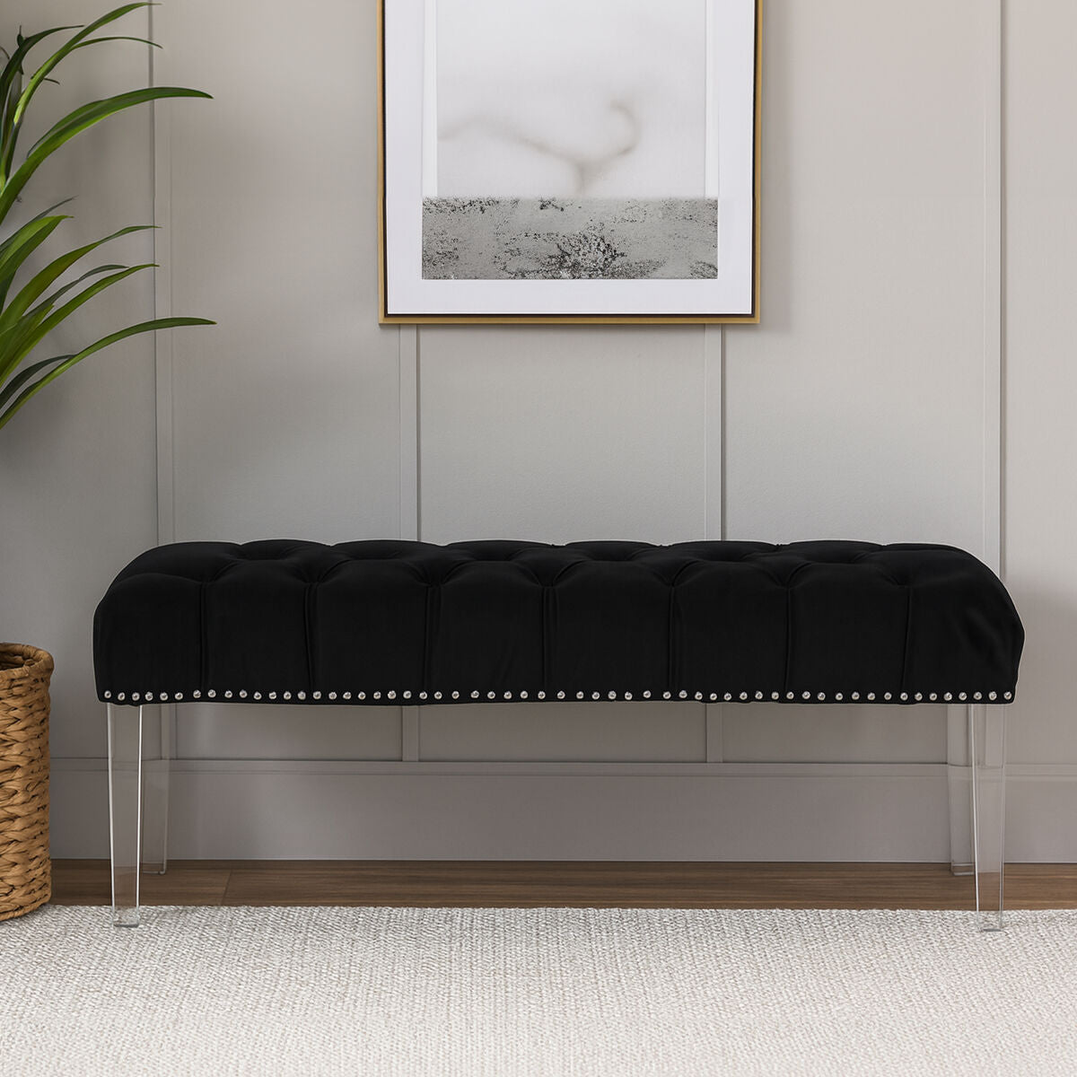Clarence Black Velvet Bench with Acrylic Legs
