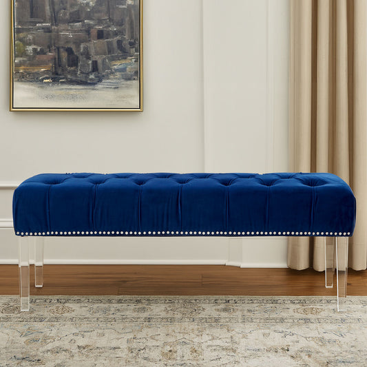 Clarence Blue Velvet Bench with Acrylic Legs