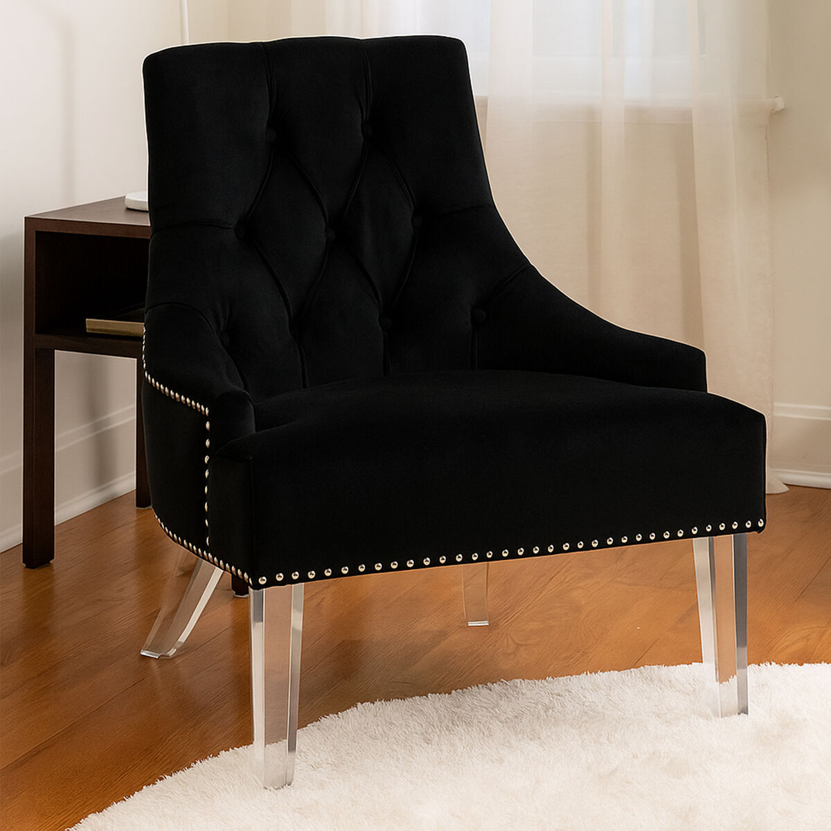 Clarence Black Velvet Button Tufted Chair with Acrylic Legs
