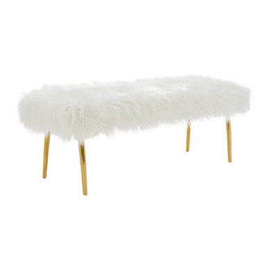 Clarence White Faux Fur Bench with Gold Finish Legs