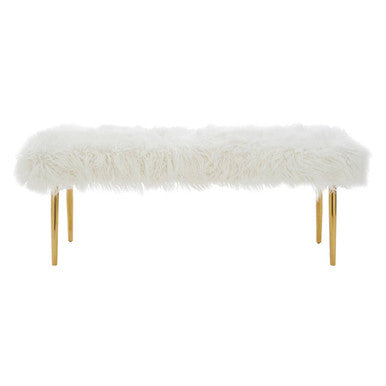 Clarence White Faux Fur Bench with Gold Finish Legs
