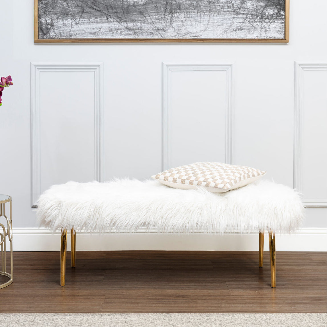 Clarence White Faux Fur Bench with Gold Finish Legs
