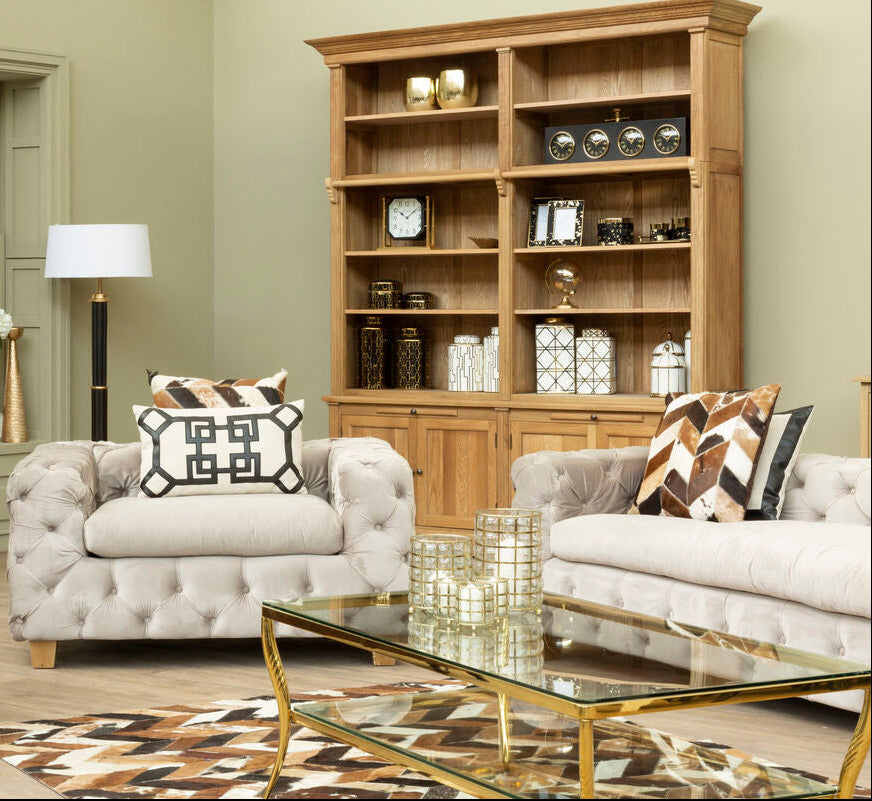 Ophelia Beige Velvet Button Tufted 3 Seater Sofa