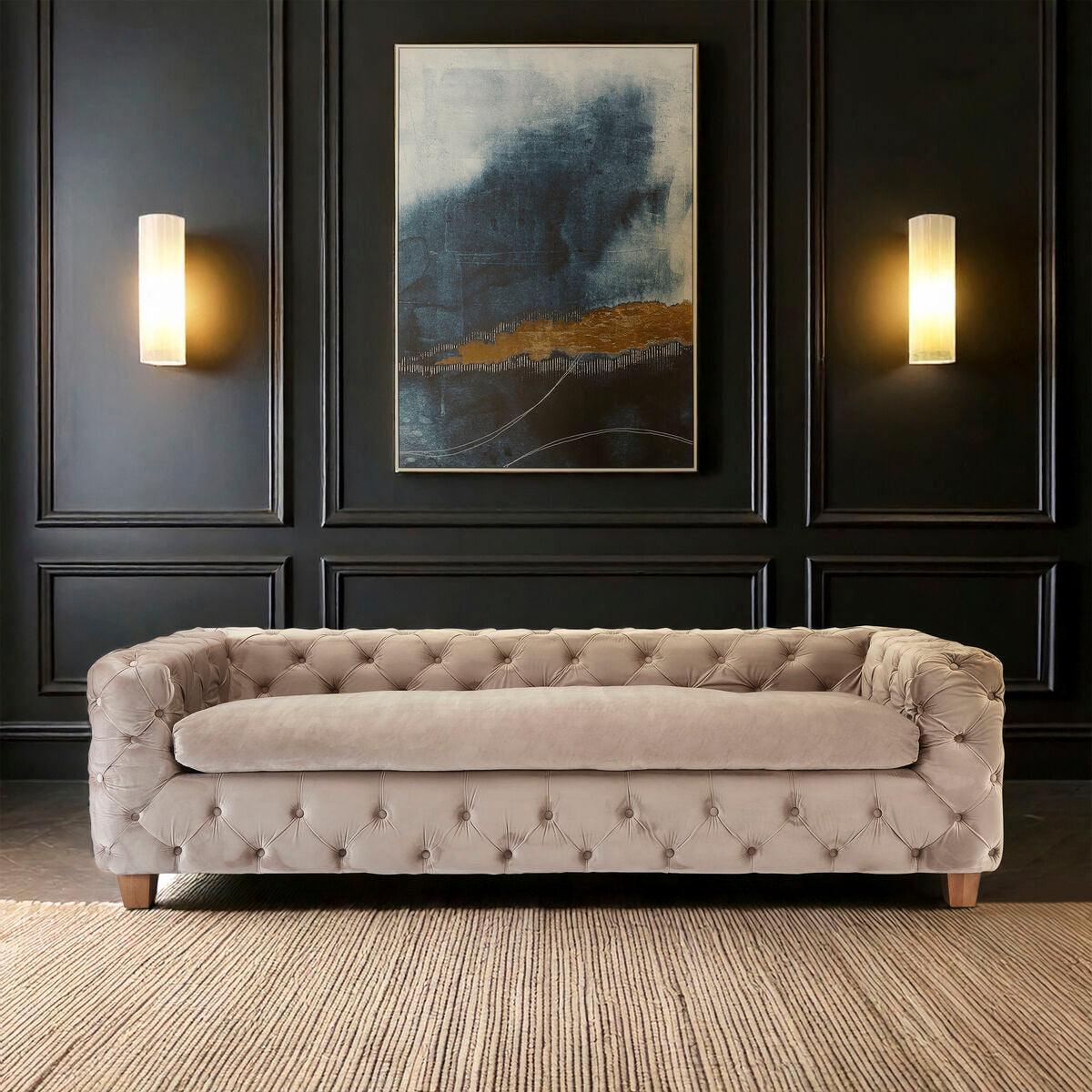 Ophelia Beige Velvet Button Tufted 3 Seater Sofa