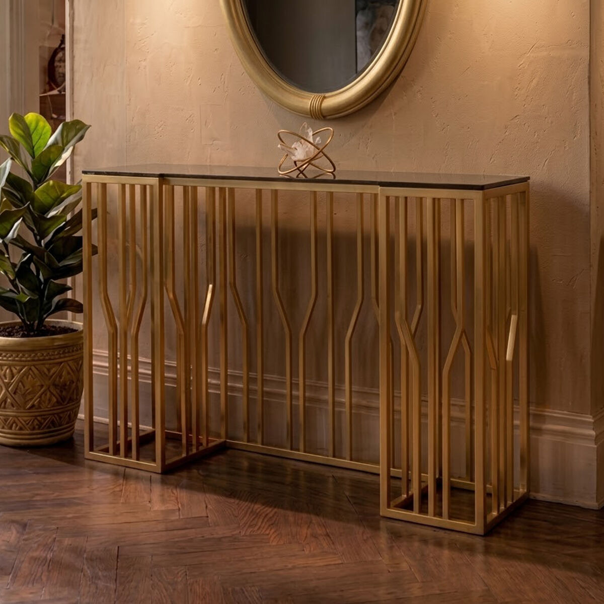 Alvaro Black Glass Console Table with Gold Finish Frame