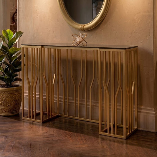 Black Glass Console Table with Gold Finish Frame