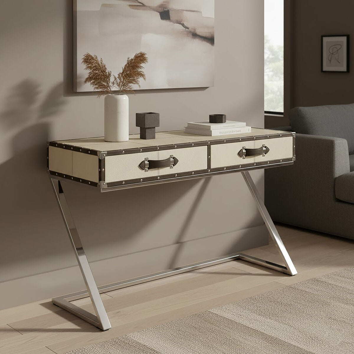 Kensington Townhouse Natural Hair on Leather 2 Drawer Console Table