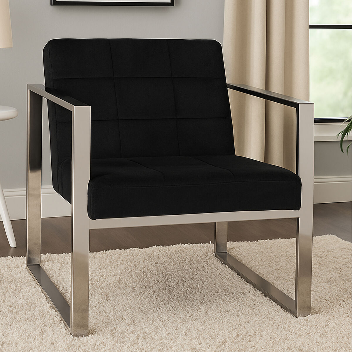 Vogue Black Velvet Lounge Chair with Silver Finish Frame