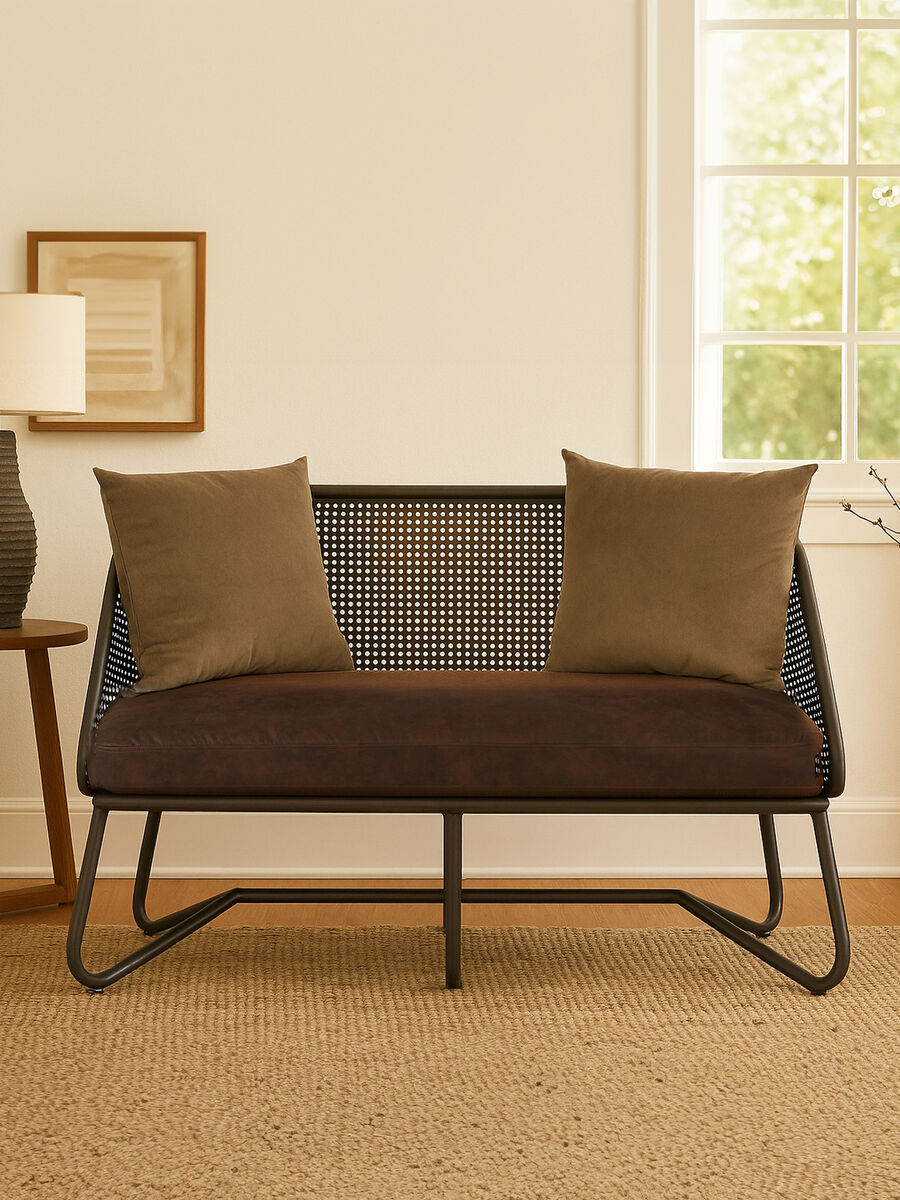 New Foundry Brown Leather Effect 2 Seater Sofa with Metal Frame