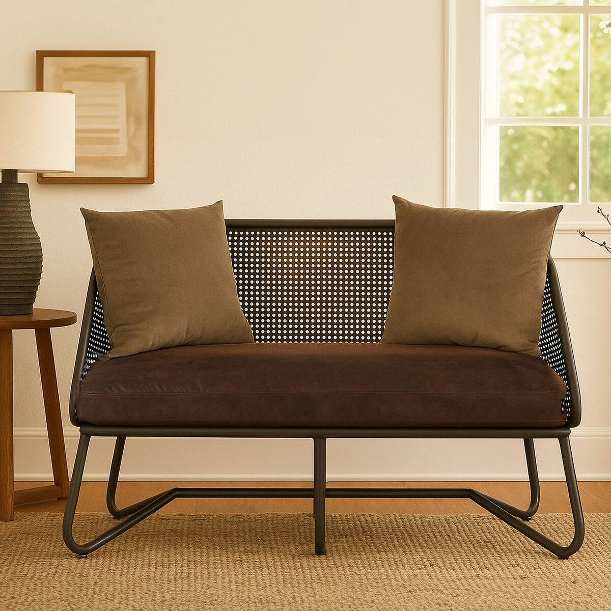 New Foundry Brown Leather Effect 2 Seater Sofa with Metal Frame