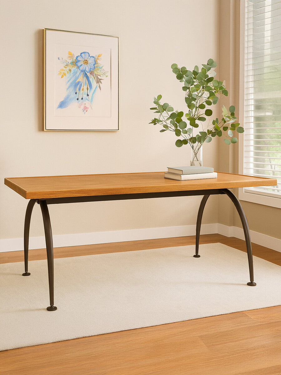 New Foundry Wooden Rectangular Dining Table with Curved Metal Legs