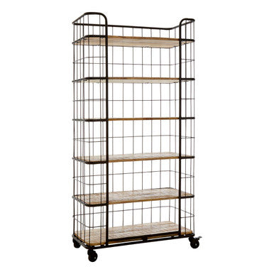 Crest Natural Wooden and Black Metal 6 Tier Shelf Unit with Wheels