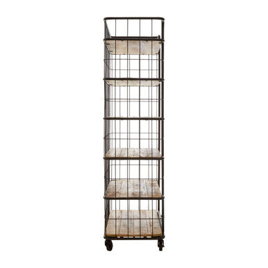 Crest Natural Wooden and Black Metal 6 Tier Shelf Unit with Wheels