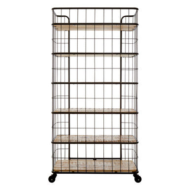 Crest Natural Wooden and Black Metal 6 Tier Shelf Unit with Wheels