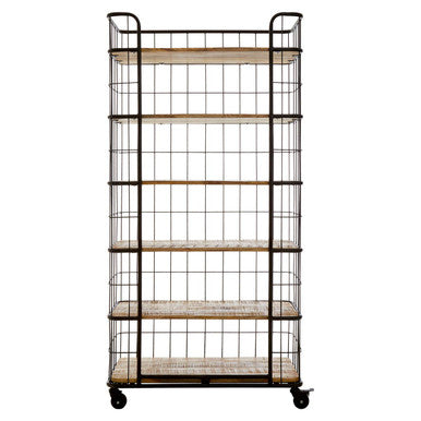 Crest Natural Wooden and Black Metal 6 Tier Shelf Unit with Wheels