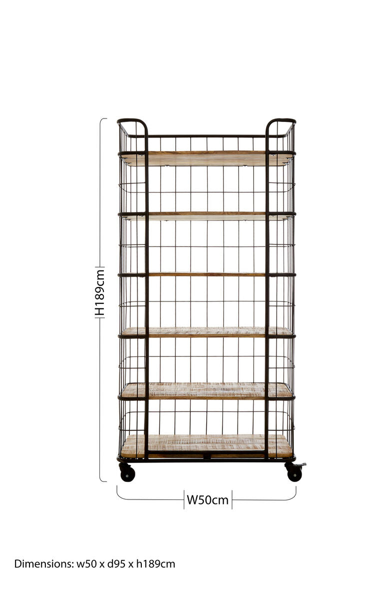 Crest Natural Wooden and Black Metal 6 Tier Shelf Unit with Wheels