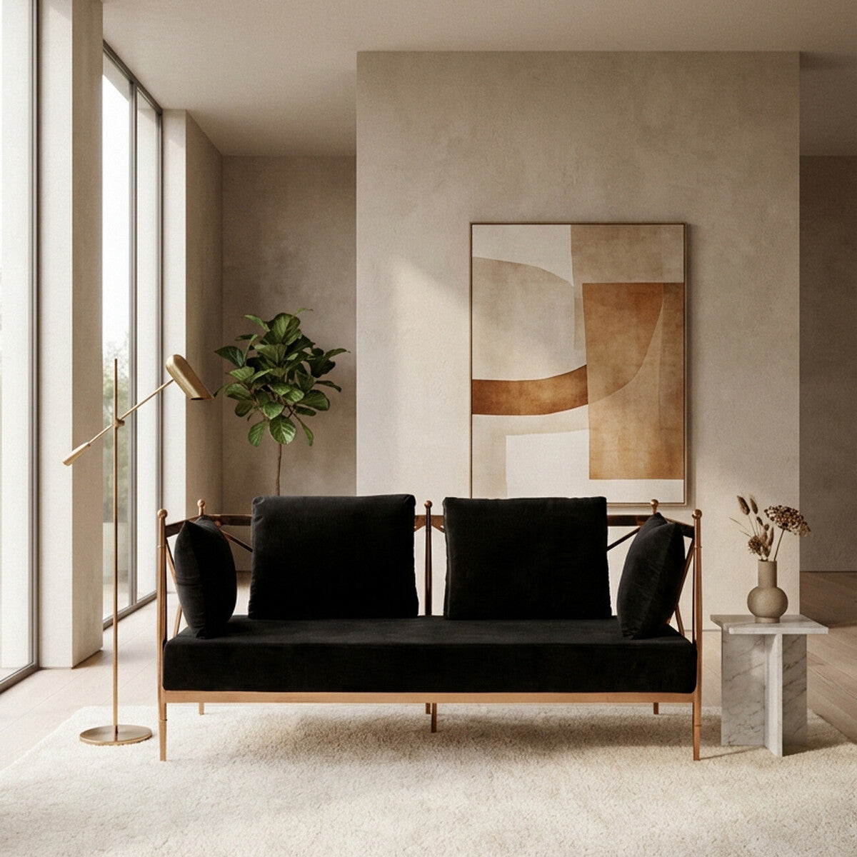 Novo Black Velvet and Rose Gold Finish 2 Seater Sofa