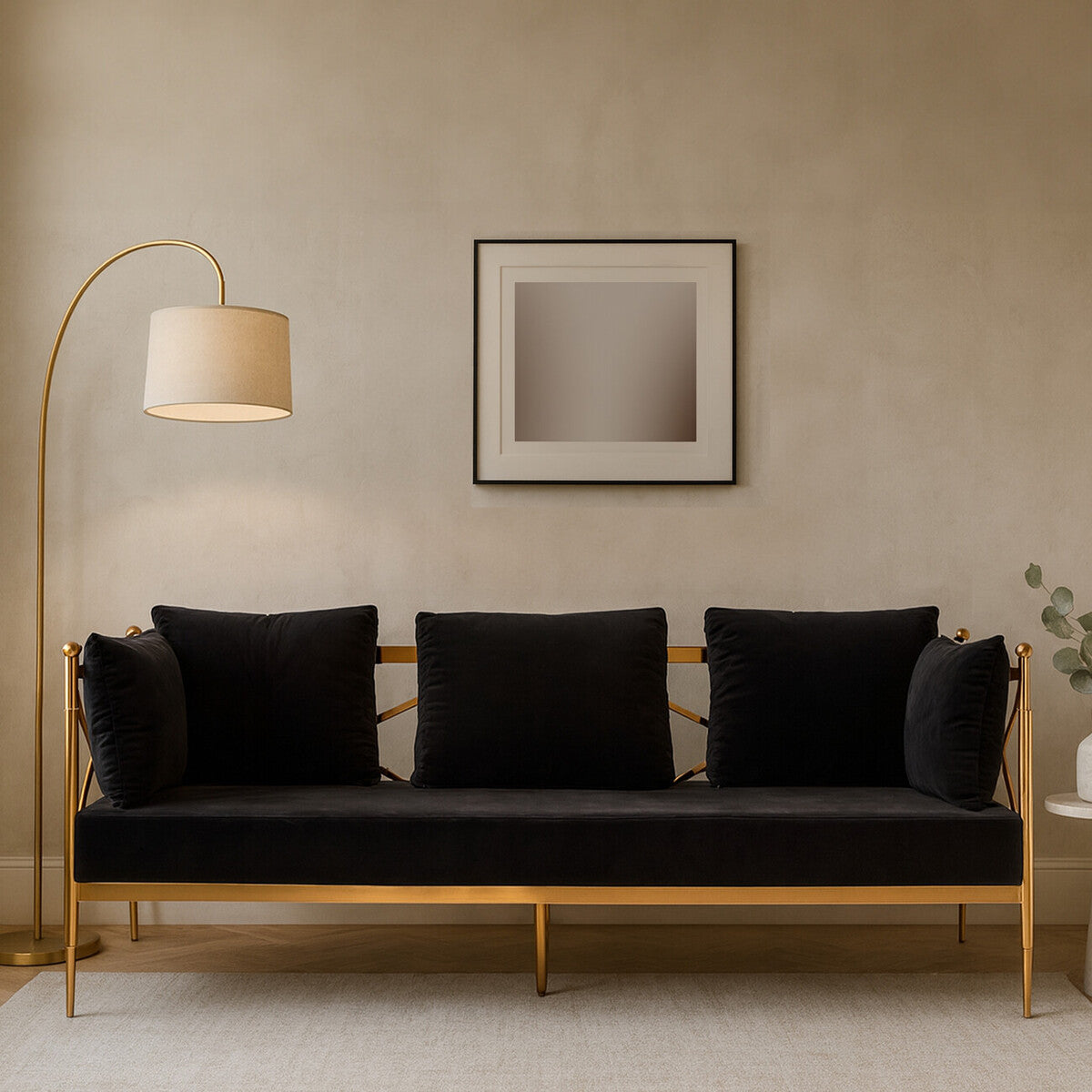 Novo Black Velvet and Rose Gold Finish 3 Seater Sofa