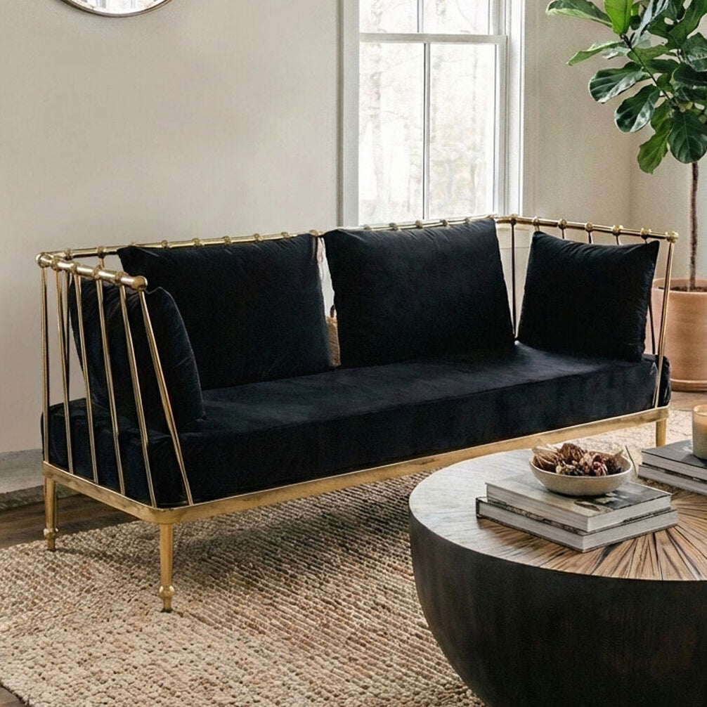 Novo Black Velvet and Gold Finish 2 Seater Sofa