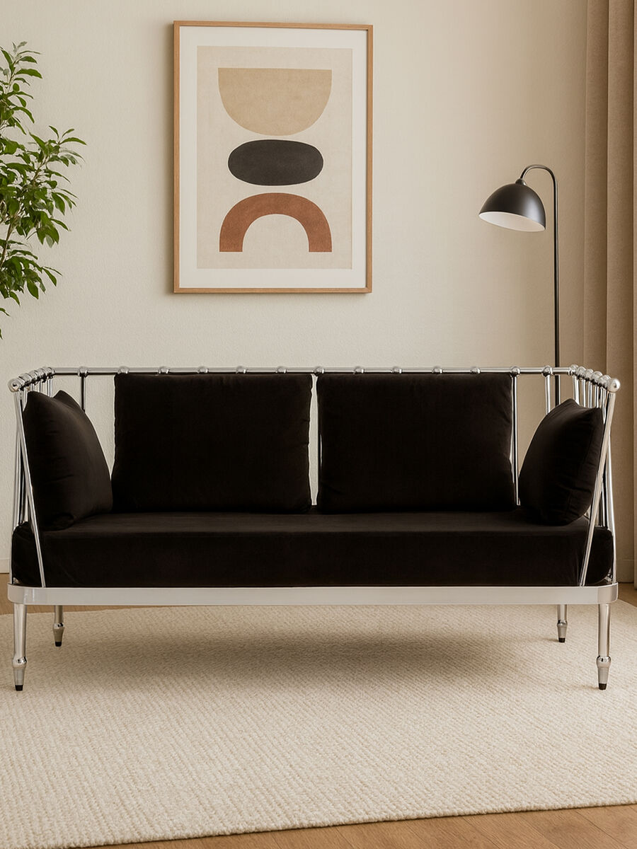 Novo Black Velvet and Silver Finish 2 Seater Sofa
