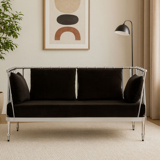 Novo Black Velvet and Silver Finish 2 Seater Sofa
