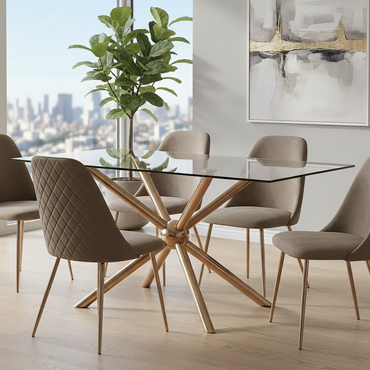 Clear Glass and Rose Gold Finish Rectangular Dining Table 160cm