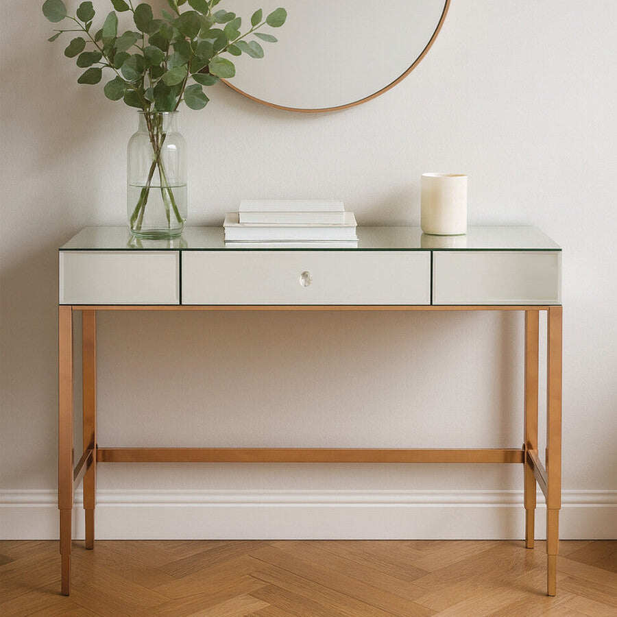 Goldie Rose Gold Finish Mirrored Console Table with Drawer