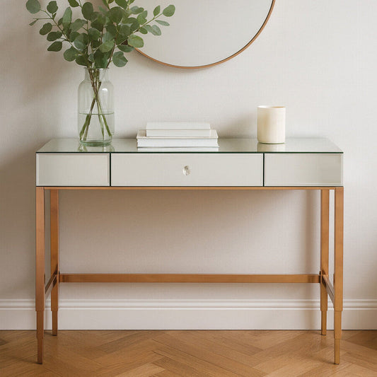 Rose Gold Finish Mirrored Console Table with Drawer