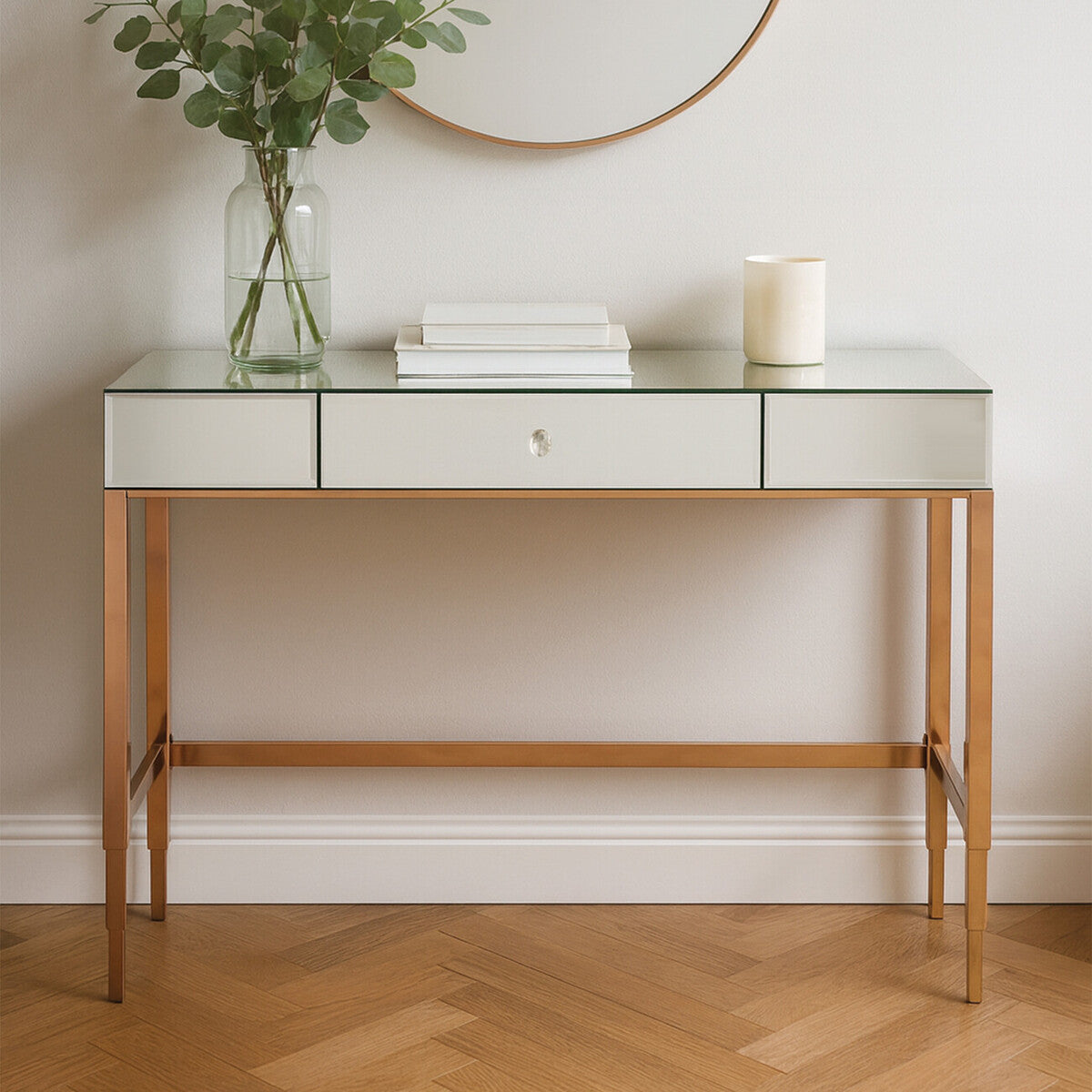 Goldie Rose Gold Finish Mirrored Console Table with Drawer