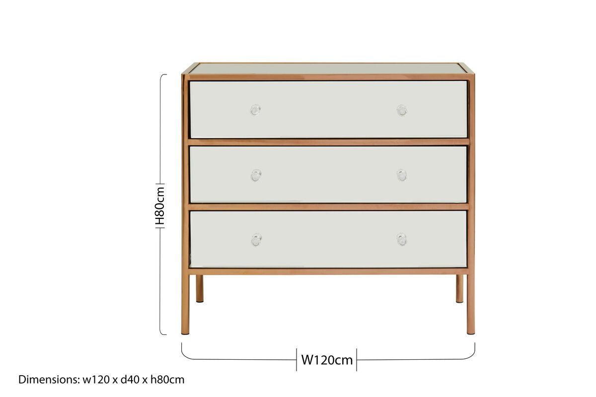 Goldie Rose Gold Finish Mirrored 3 Drawer Chest