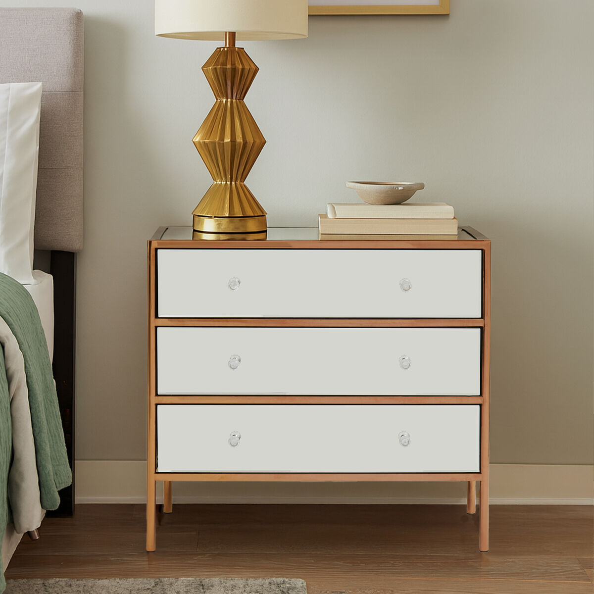 Goldie Rose Gold Finish Mirrored 3 Drawer Chest