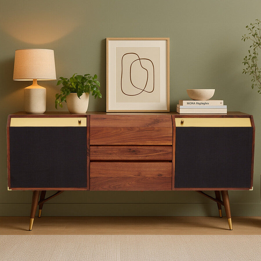Kenso Walnut Wood Sideboard with Brass Finish Accents