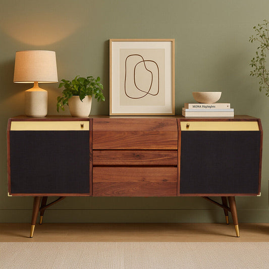 Walnut Wood Sideboard with Brass Finish Accents