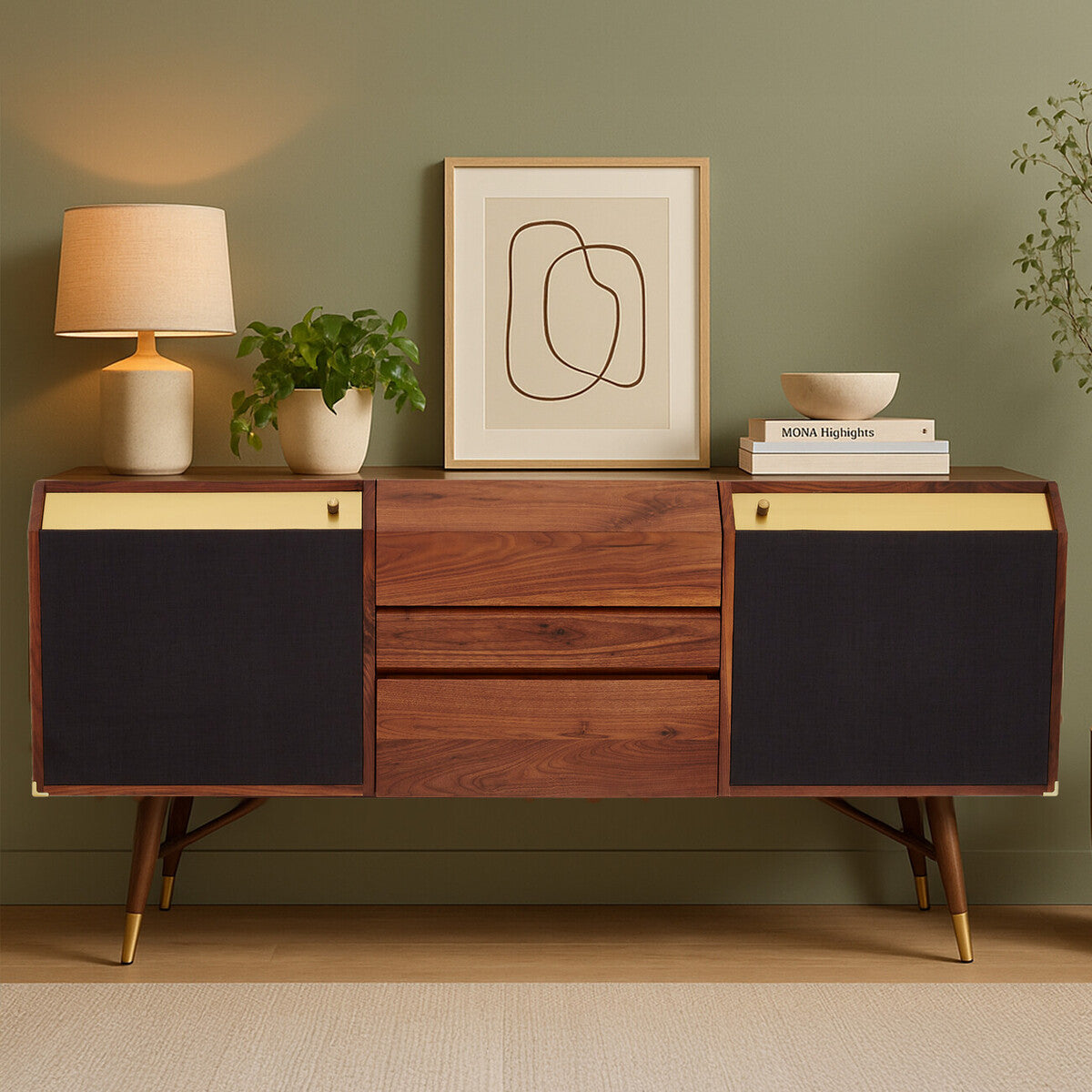 Kenso Walnut Wood Sideboard with Brass Finish Accents