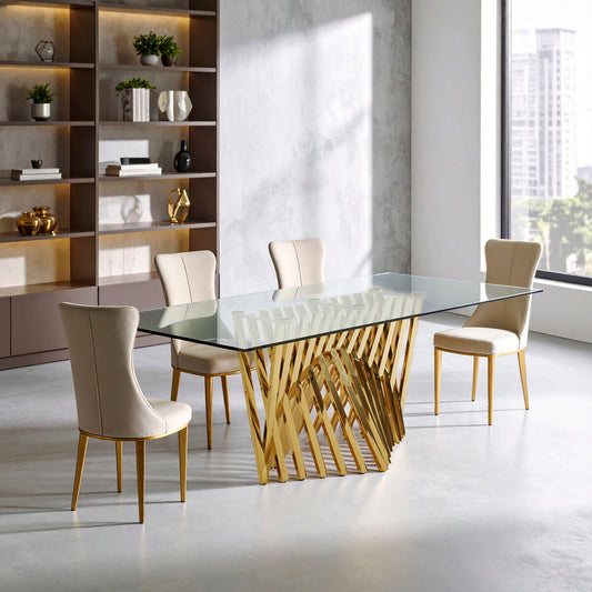 Clear Glass Large Dining Table with Gold Finish Base 200cm