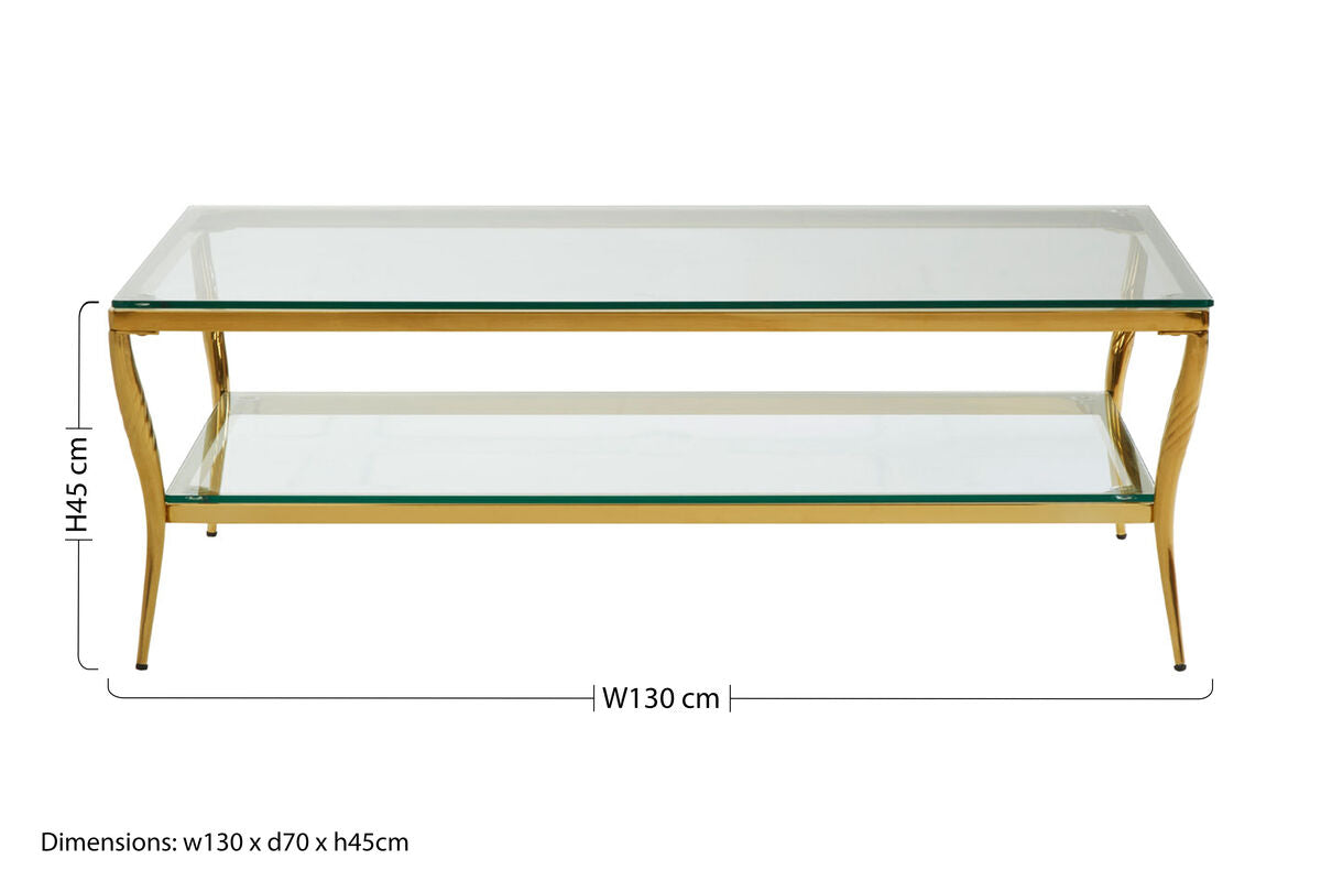 Arezzo Clear Glass 2 Tier Coffee Table with Gold Finish Frame