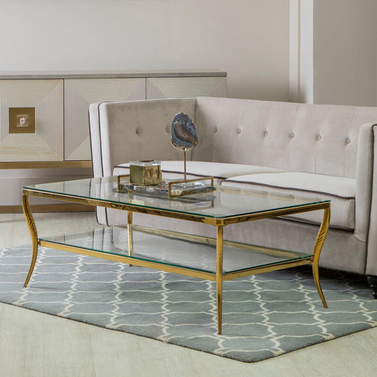 Arezzo Clear Glass 2 Tier Coffee Table with Gold Finish Frame