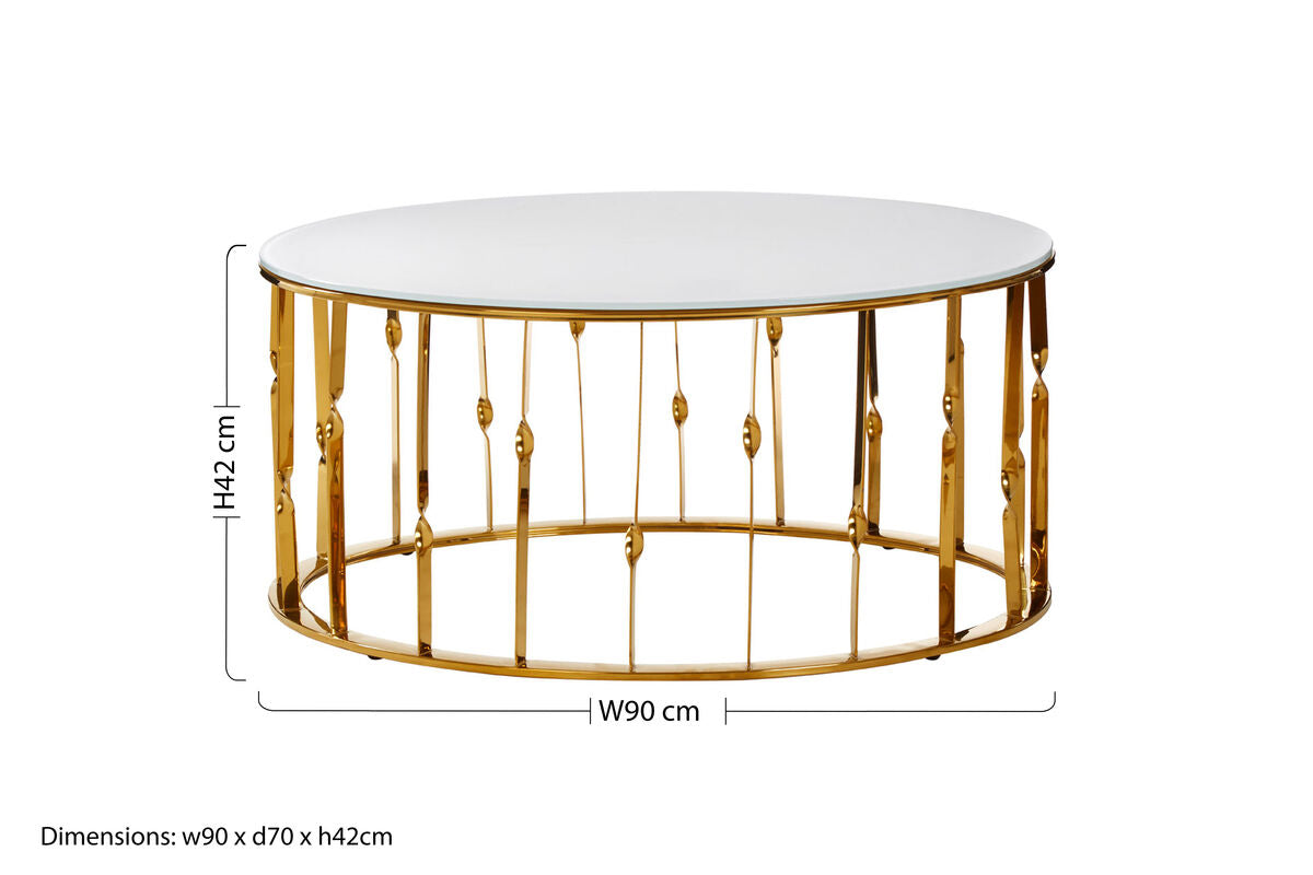 Arezzo White Glass Round Coffee Table with Gold Finish Frame