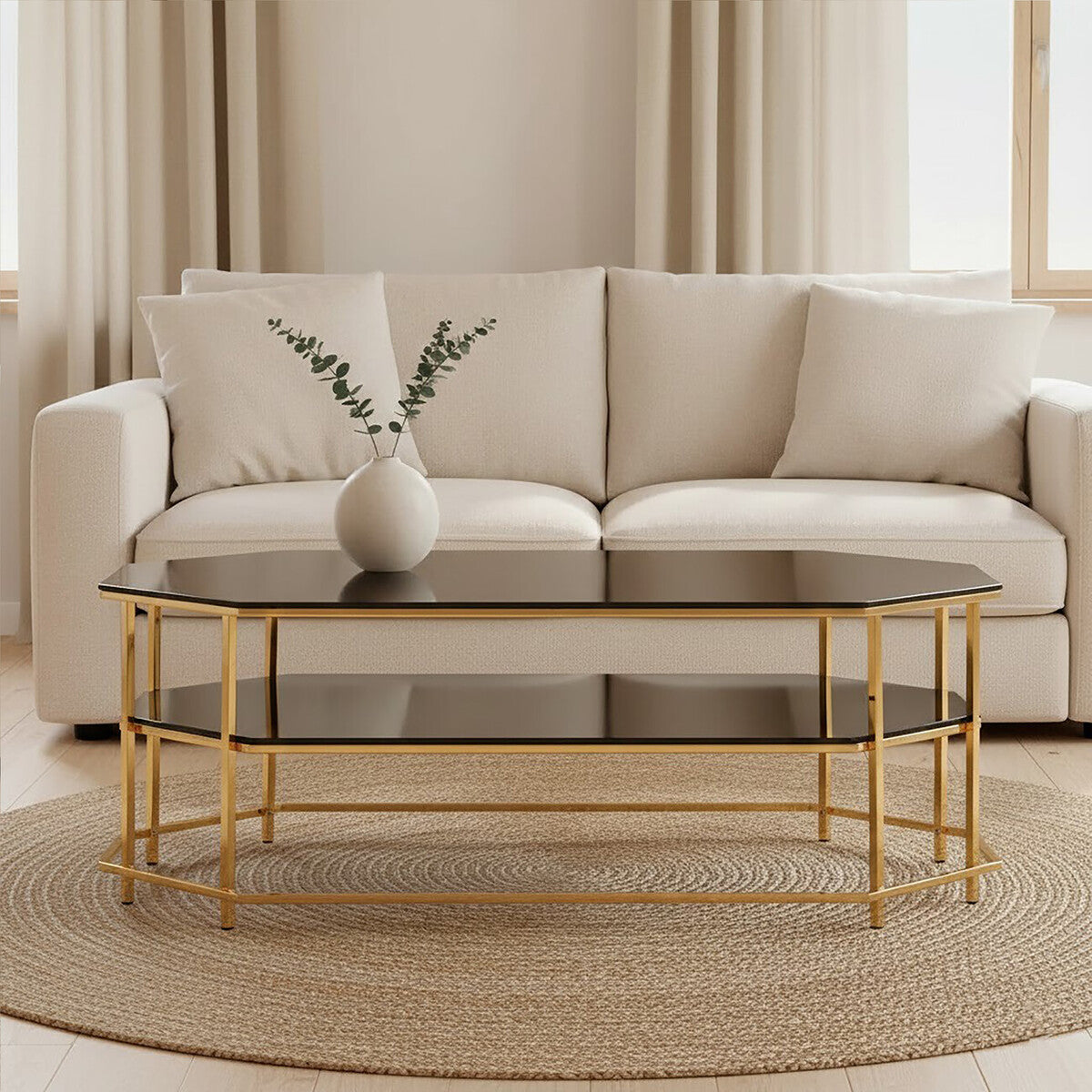 Arezzo Black Glass 2 Tier Coffee Table with Gold Finish Frame